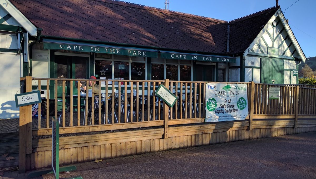 The café with its wooden deck and CAFE IN THE PARK sign